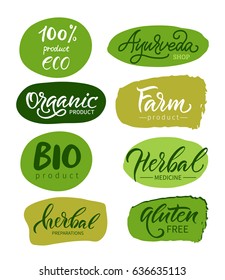 Vector illustration. Lettering. Calligraphy. Set of logos: eco, organic, bio,herbal,farm