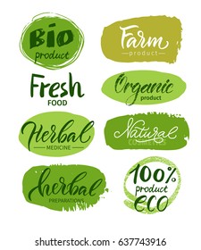 Vector illustration. Lettering. Calligraphy. Set of logos: eco, organic, bio,herbal. 