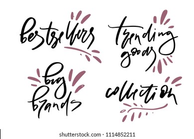 Vector illustration of lettering or calligraphy of words bestsellers big brands trending goods collection. Banner for homepage, email, print, element of design,  logotype, text for clothes shop
