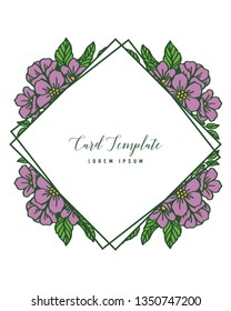 Vector illustration lettering of card template with ornate purple flower frame hand drawn