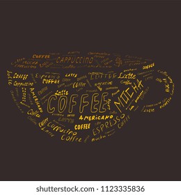 Vector illustration of Lettering Coffee text in shape of Coffee mug. Cappuccino, Americano, Mocha, Latte coffee kind text
