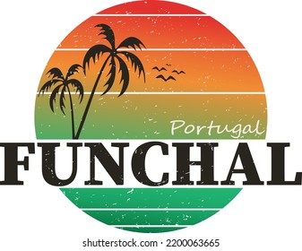 Vector illustration, lettering composition. Funchal Portuguese city on Madeira island. Calligraphy, handwritten logo. Design for postcards, t-shirts, banners, greeting cards, mugs, stickers. EPS 10