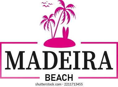 Vector illustration, lettering composition. Madeira island in Portugal. Calligraphy, handwritten logo. Design for postcards, t-shirts, banners, greeting cards, mugs, stickers. EPS 10