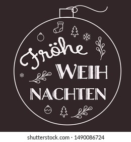 Vector illustration, lettering composition, Merry Christmas in german, calligraphy, handwritten lettering logo. Design for postcards, t-shirts, banners, greeting card. EPS 10