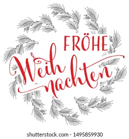 Vector illustration, lettering composition, Merry Christmas in german, calligraphy, handwritten lettering logo. Design for postcards, t-shirts, banners, greeting card, label, sticker. EPS 10
