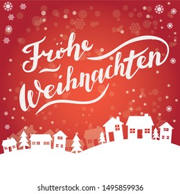 Vector illustration, lettering composition, Merry Christmas in german, calligraphy, handwritten lettering logo. Design for postcards, t-shirts, banners, greeting card, label, sticker. EPS 10
