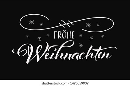 Vector illustration, lettering composition, Merry Christmas in german, calligraphy, handwritten lettering logo. Design for postcards, t-shirts, banners, greeting card, label, sticker. EPS 10
