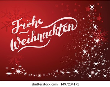 Vector illustration, lettering composition, Merry Christmas in german, calligraphy, handwritten lettering logo. Design for postcards, t-shirts, banners, greeting card, label, sticker. EPS 10