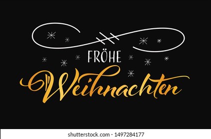 Vector illustration, lettering composition, Merry Christmas in german, calligraphy, handwritten lettering logo. Design for postcards, t-shirts, banners, greeting card, label, sticker. EPS 10