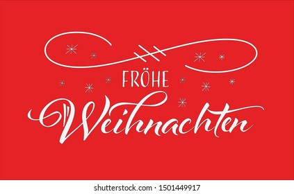 Vector illustration, lettering composition, Merry Christmas in german, calligraphy, handwritten lettering logo. Design for postcards, t-shirts, banners, greeting card, label, sticker. EPS 10