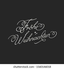 Vector illustration, lettering composition, Merry Christmas in german, calligraphy, handwritten lettering logo. Design for postcards, t-shirts, banners, greeting card, fröhe, fröhliche weihnachten