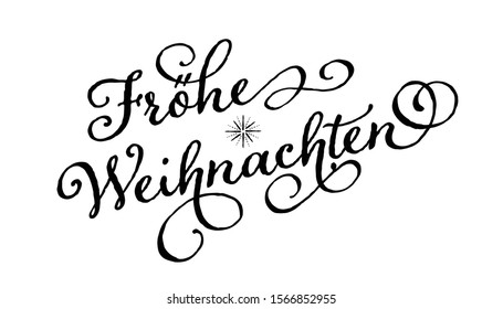 Vector illustration, lettering composition, Merry Christmas in german, calligraphy, handwritten lettering logo. Design for postcards, t-shirts, banners, greeting card, label, sticker.