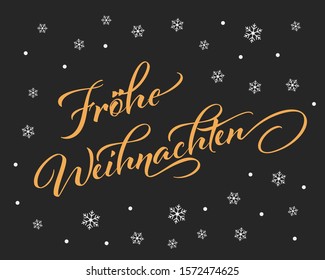 Vector illustration, lettering composition, Merry Christmas in german, calligraphy, handwritten lettering logo. Design for postcards, t-shirts, banners, greeting card