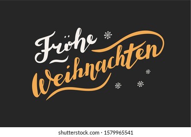 Vector illustration, lettering composition, Merry Christmas in german, calligraphy, handwritten lettering logo. Design for postcards, t-shirts, banners, greeting card