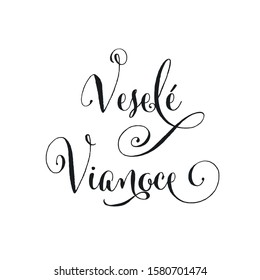 Vector illustration, lettering composition, Merry Christmas in slovak, calligraphy, handwritten lettering logo. Design for postcards, t-shirts, banners, greeting card