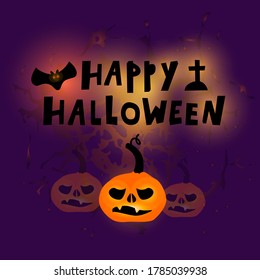 Vector illustration, Lettering composition on the theme of Halloween. Black inscription and orange pumpkins on a purple background. Poster, poster, congratulation.