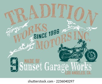 Vector illustration of lettering composition with silhouette of old motorcycle.