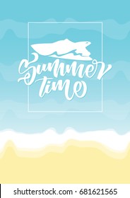 Vector illustration: Lettering composition of Summer Time with silhouette of yacht on beach background.