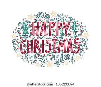 Vector illustration of a lettering composition with the words Happy Christmas, with a pattern of sweets and a Christmas stocking