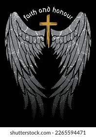 Vector illustration of lettering, crucifix and angel wings.