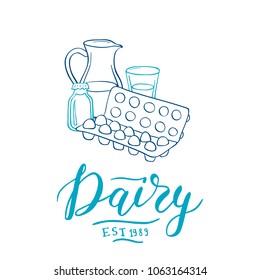 Vector illustration with lettering and dairy products isolated in white background