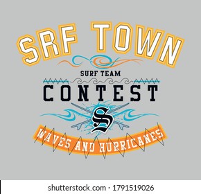 Vector illustration of lettering and elements related to surfing in college style.