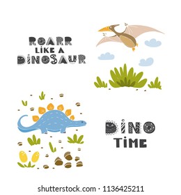 Vector illustration and lettering with funny dinosaurs, palm, eggs, flowers in cartoon style for Birthday party. Prehistoric age life. Perfect for invitations, party, banners, baby shower