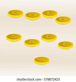 Vector illustration lettering gold coins gold sale and percent sign on a light yellow background
