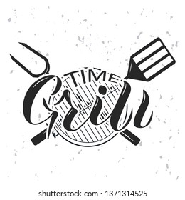 Vector Illustration of the lettering. Grill time.  Lettering its time to grill on barbecue background. EPS 10