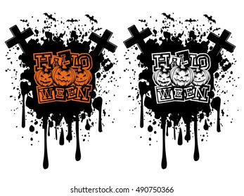Vector illustration lettering halloween and jack-o-lantern pumpkins set on grunge background. 
