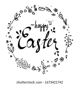 Vector illustration lettering happy easter. Black and white text Happy Easter in a round frame with flowers.
on white background.
