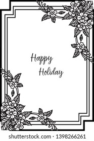Vector illustration lettering happy holiday with cute wreath frame
