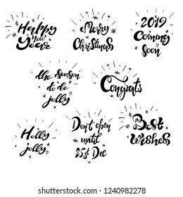 Vector illustration with lettering Happy New 2019 Year - bundle of festive inscriptions handwritten with creative calligraphic fonts and decorated. Usable for banners, greeting cards, gifts etc. EPS 1