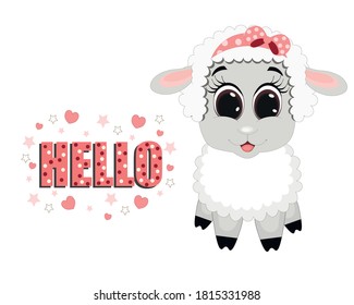 Ilustración vectorial. Dejando HOLA. Corta oveja. Perfecto para tarjetas de felicitación, invitaciones a fiestas, afiches, pegatinas, pin, scrapbooking, iconos.