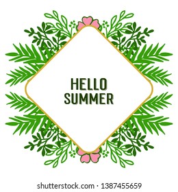 Vector illustration lettering hello summer with pattern of green leafy flower frame