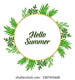 Vector illustration lettering hello summer with pattern of green leafy flower frame