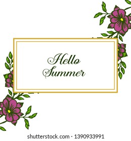Vector illustration lettering hello summer with abstract purple wreath frame