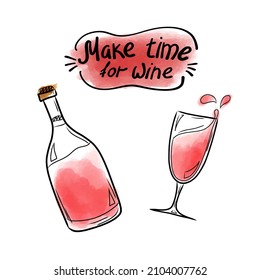 Vektorgrafik mit Beschriftung Machen Sie Zeit für Wein, eine Flasche und ein Glas Rotwein auf Aquarellhintergrund. Sonnige Inschrift für Postkarten, Poster, Valentinstag, Café