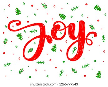 Vector illustration lettering Joy on white background. Festive Christmas pattern. Beautiful Christmas wrapping paper with spruce twigs, fir trees and stars.