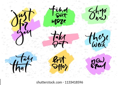 Vector illustration of lettering just for you, take that, take out, these week, best offers, shop now, find out more, new brand  poster, logotype, text for clothes shop, catalog, collection, ad