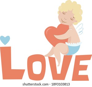 Vector illustration lettering Love with sitting cupid and heart
