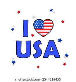 Vector illustration lettering I love USA with heart shape of national american flag isolated on white background with decorative stars.