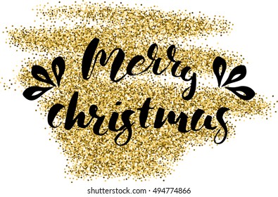 Vector illustration. Lettering merry christmas on golden glitter blur