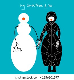 Vector illustration with lettering. My snowman and me. 