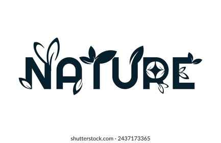 Vector illustration: lettering of Nature on isolated background. Nature Word Logo with a combination font style with leaves.