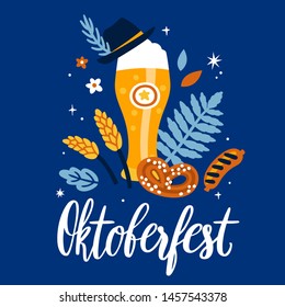 Vector illustration with lettering "Oktoberfest", beer glass, Bavarian hat, pretzel, sausage and floral elements. Poster for traditional Munich festival of beer. Poster for deutsch october fest.