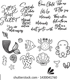 vector illustration and lettering on the marine theme. For creating cards, posters, mermaid party decorations, T-shirt prints