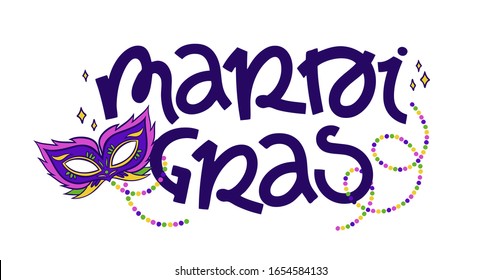 Vector illustration of lettering on a white isolated background. The name of the traditional American holiday Mardi Gras in a beautiful composition with a mask and beads for print and web design.