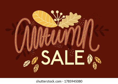 vector illustration with lettering and ornaments. text autumn sale. leaves and handwritten letters.
