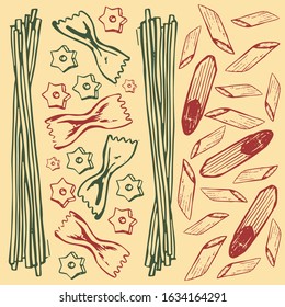 Vector illustration of lettering for pasta cafe and restaurant. Logo for tasty pasta cafe. Template of banner or poster for pasta cafe. Handwritten modern calligraphy made by ink and brush. EPS 10